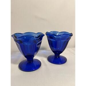 Set of 2 Vintage Cobalt Blue Dessert Cups – Scalloped Edge Pedestal Bowls